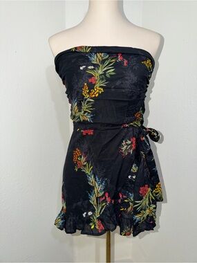Strapless Black Floral Tie-Waist Romper